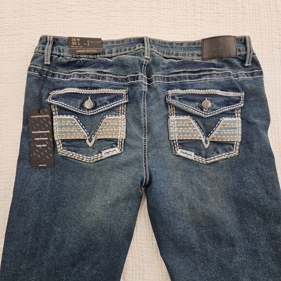 Indigo Skins Bootcut Jeans Men's 36x30 Contrast Stitch Flap Pkt Embroidery NWT - Picture 3 of 16